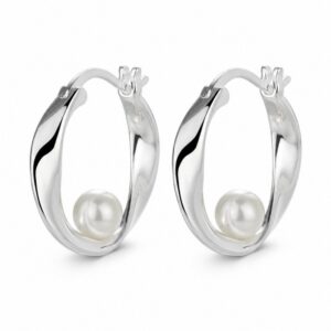 925 Sterling Silver Polished Silver Hoop Earrings with Pearl Detail for Wholesale Buyers - E00179