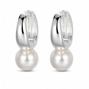 925 Sterling Silver Polished Silver Hoop Earrings with Pearl Detail for Wholesale Buyers - E00181