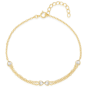 Silver Heart Bracelet with Heart CZ Stations Double Chain – B0017