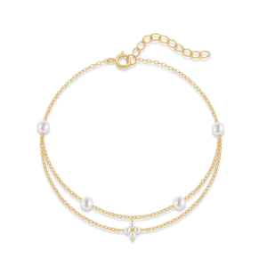 Silver Pearl Bracelet with Pearl and CZ Drops – B0027