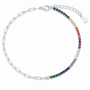 Sterling Silver Tennis Bracelet with Rainbow CZ and Chain Link – B0036