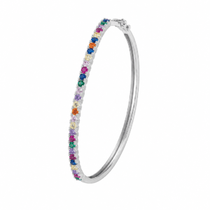 Sterling Silver Bangle Bracelet with Rainbow CZ Line – B0049