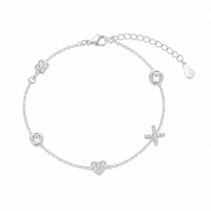 Sterling Silver Heart Charm Bracelet with Mixed Heart Star Charms – B0060
