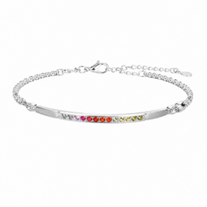 Sterling Silver Bangle Bracelet with Rainbow CZ Bar – B0061