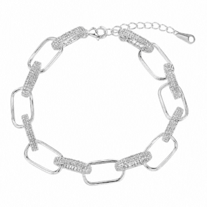 Silver Chain Bracelet with Geometric CZ Link Accents – B0071